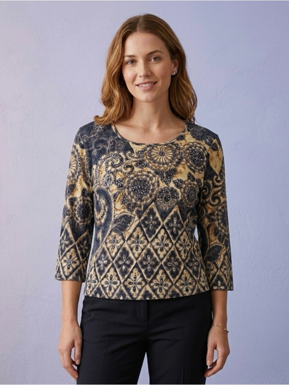 Women's Printed Scoop Neck Blouse in Navy and Gold with Sequins